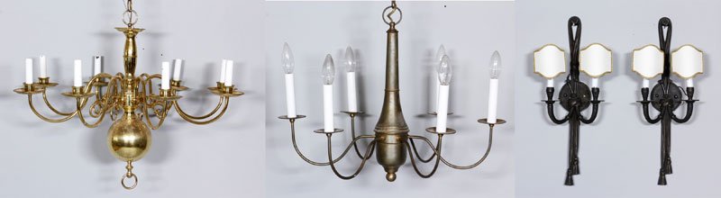 3 Lighting Fixtures: Set of three lighting fixtures, including: Georgian brass eight arm chandelier, 23" h x 29" dia; colonial brass six arm chandelier, 16 3/4" h x 21 1/4" dia, from Federal Street Lighting, Newburyport, 