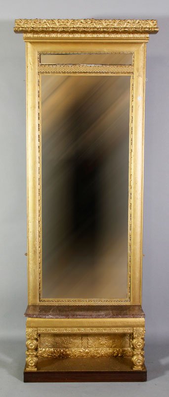 Gold Painted Pier Mirror: Pier mirror, gold painted wood frame and beveled glass mirror, 91"h x 36 1/2"w x 9 1/2"d.
