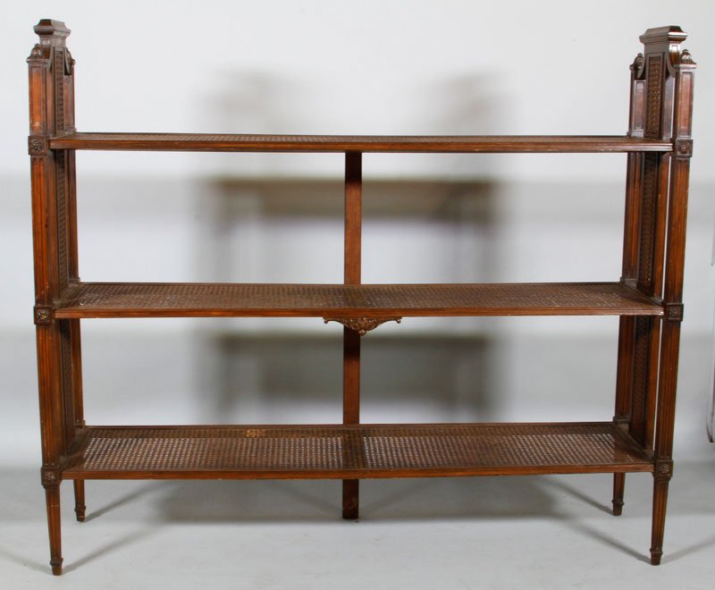 French Walnut 3-Tiered Shelf: French walnut three-tiered shelf with caned surface, 52"h x 58"l x 16"d.