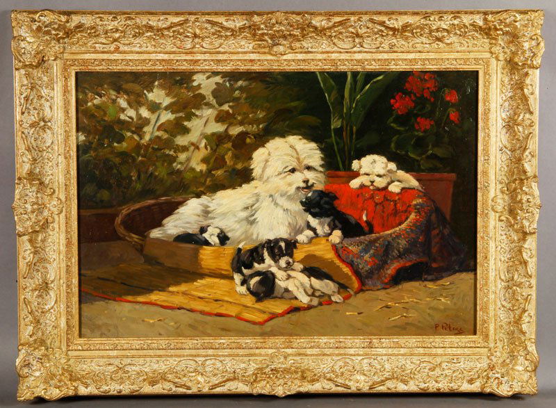 Peters, Dog and Puppies, O/P: Paul Peters, dog and puppies, oil on panel. Signed, 16"h x 23"w (view), 22 1/2"h x 30"w (frame).