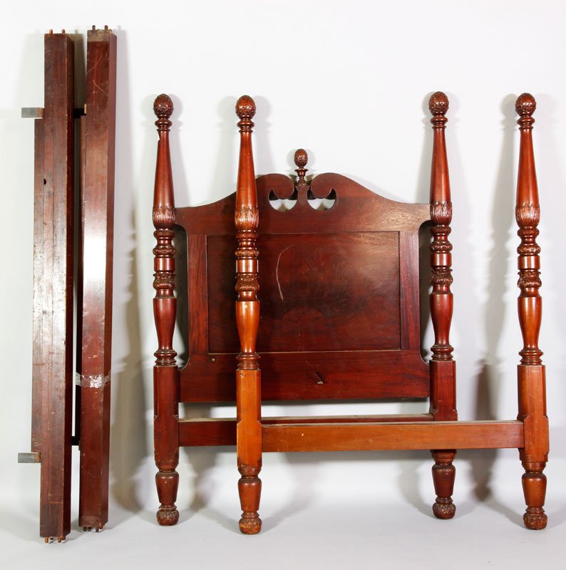 19th C. Mahogany 4 Poster Bed: 19th century, four poster bed, mahogany with carved pineapple finials, 67 1/2"h x 84"w x 47"d. Provenance: Dr. Paul and Ann Gardner New of Marblehead, MA were world travelers and big game hunters who