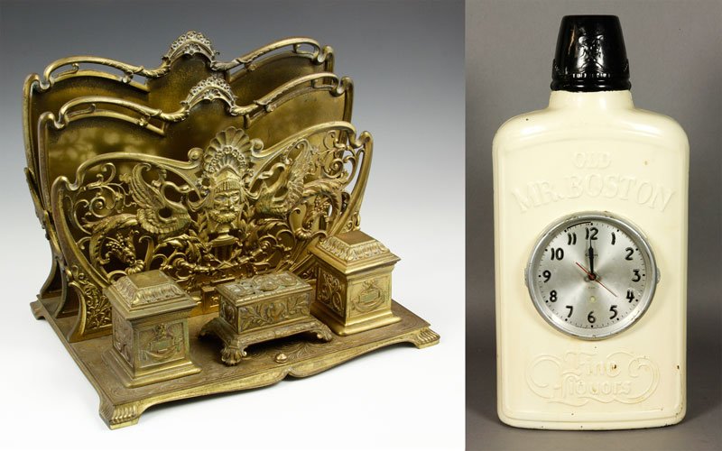 "Mr. Boston" Gilbert Clock and Inkwells: "Mr. Boston" Gilbert clock, painted tin, 26"h; brass letter stand with inkwells, swan and medallion design.