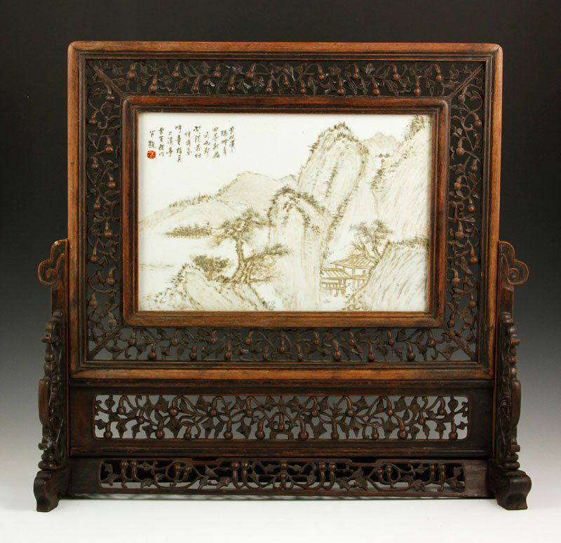 Chinese Republic Period Famille Rose Plaque: Famille rose porcelain plaque, China, Republic Period, mounted on a teak wood table screen, signed Chen Man, 23" x 24".