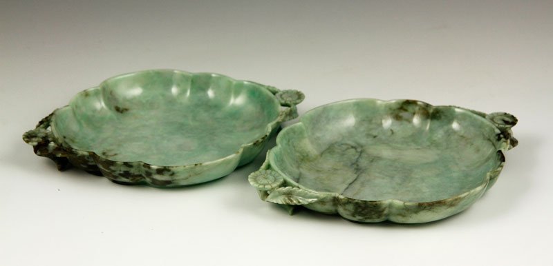 Chinese Pair of Jadeite Flower Trays: Pair of jadeite trays, China, carved in the form of a flattened flower, 8 1/2" x 6 1/4".