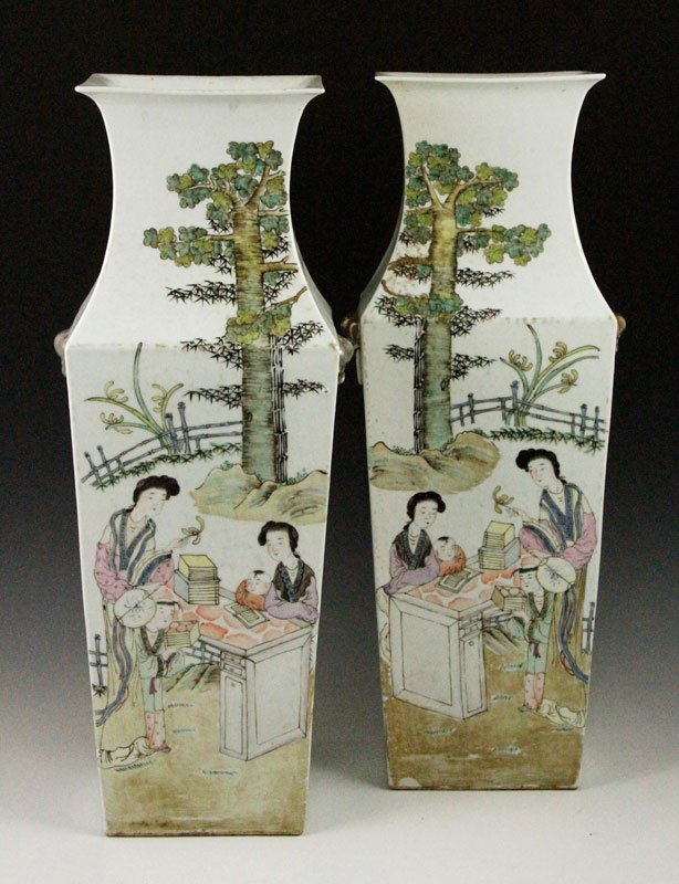 Chinese Pair of Square Famille Rose Vases: Pair of famille rose square shaped vases, China, one side decorated with a pair of ribbon tailed birds, the other with two boys studying in a garden, 23" h.