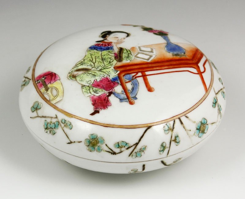 Chinese 19th C. Famille Rose Ink Box: Famille rose round ink box, China, 19th century, decorated with a lady seated at a dressing table, Daoguang mark, 5”.