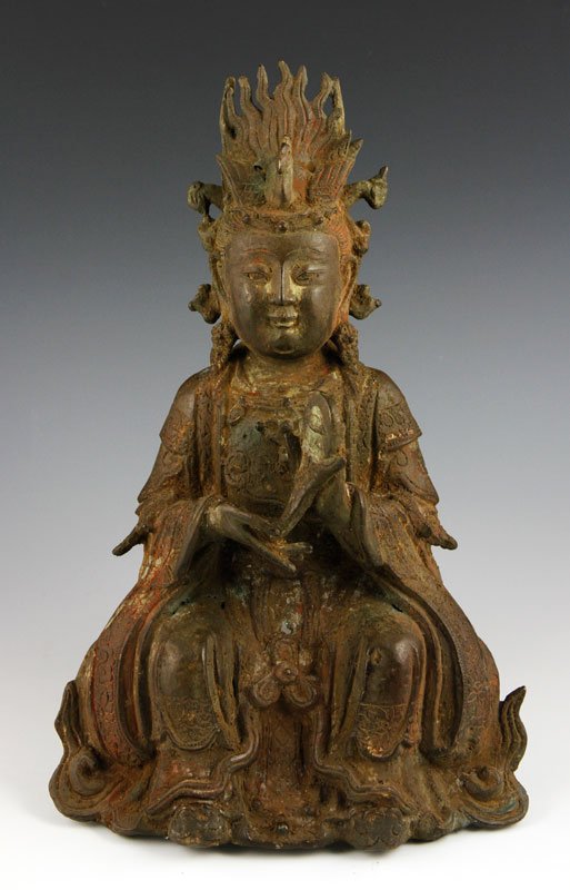 Chinese /Ming Bronze Figure: Bronze figure of a goddess, China, Ming Dynasty, holding a mirror in one hand and wearing a phoenix headdress, 11" h.