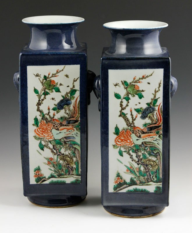 Chinese Pair of Republic Period Blue Porcelain Vases: Pair of blue glazed porcelain vases, China, Republic Period, the square forms decorated with elephant head and ring handles, also with famille verte cartouches with scenes of birds, 14 3/4" h.