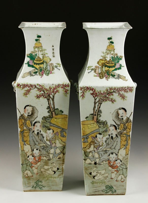 Chinese 19th C. Pair of Famille Rose Vases: Pair of famille rose vases, China, later 19th century, square shaped, 22 3/4".
