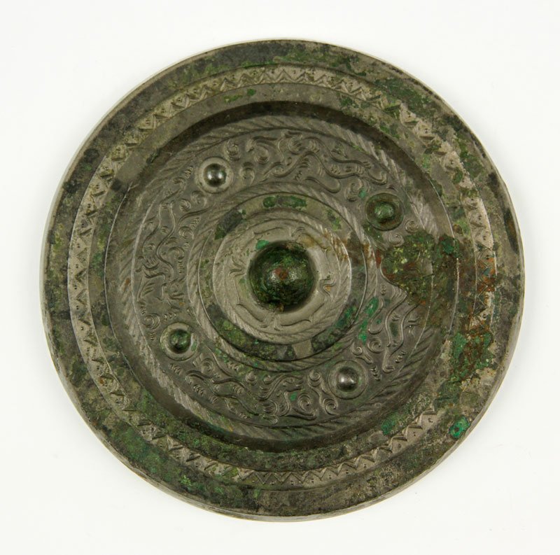 Chinese Han Dynasty Bronze Mirror: Bronze mirror, China, Han Dynasty, 5” dia.