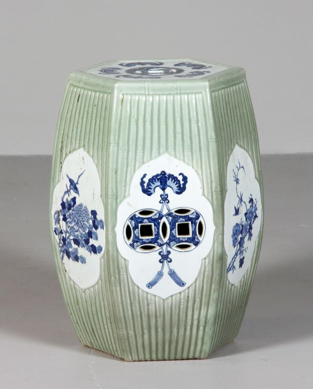 Chinese Qing Green Hexagonal Stool: Green glazed porcelain stool, China, later Qing Dynasty (1644-1911), hexagonal form, 19 1/2".