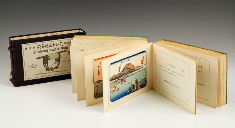 Japanese "The Fifty-Three Stages of Tokaido" Hiroshige: "The Fifty-Three Stages of Tokaido" by Ando Hiroshige, a miniature edition of woodblock prints by Takamizawa's print, Japan, early 20th century, album 4 1/4" x 6 3/4", print size 3 1/2" x 5 1/2".