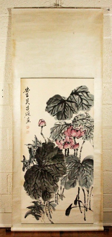Chinese Scroll Painting: Scroll painting, China, watercolor on paper, signed Wu Changshuo, 52 1/2” x 16 1/2”.