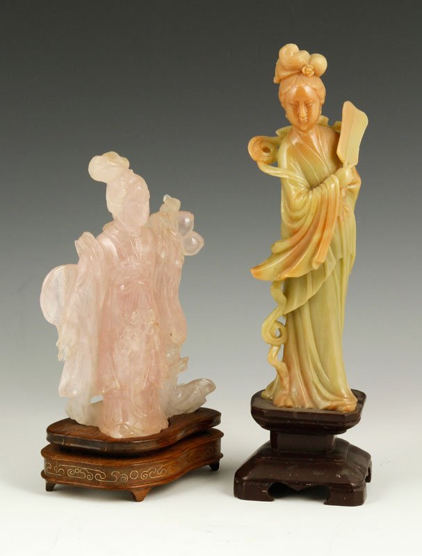 Chinese Soapstone Figures of Guanyin: Two soapstone figures of Guanyin, China, on wood stands, tallest 10” h.
