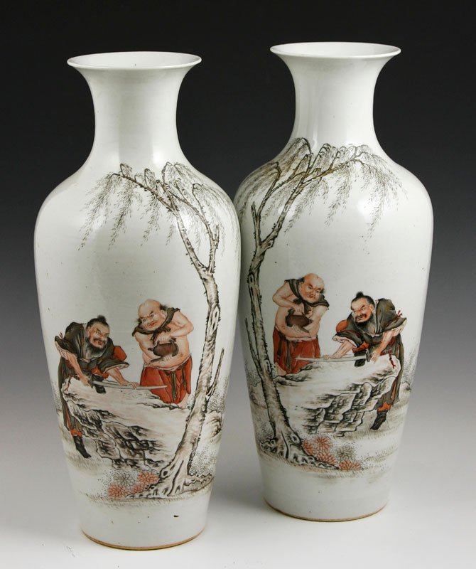 Chinese Pair of Famille Rose Vases: Pair of famille rose vases, China, depicting two metalworkers making a sword, Wang Qi mark, 14" h.
