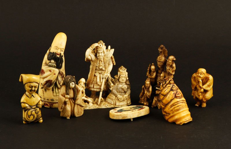 Japanese Ivory and Bone Netsuke: Eight ivory and bone carved netsuke, Japan, largest 4" h.