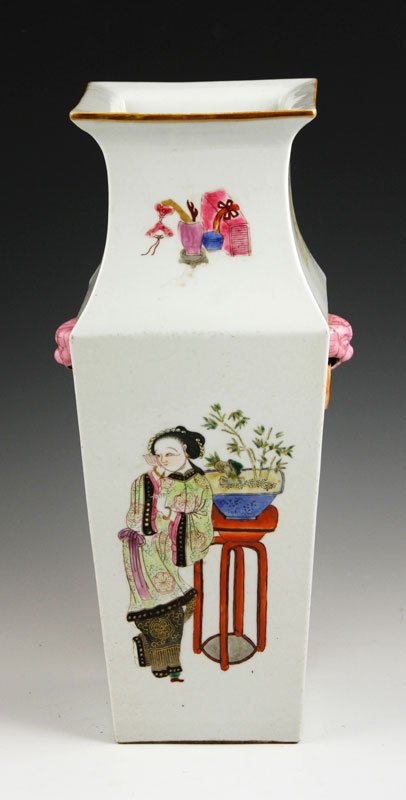 Chinese Famille Rose Square Vase: Famille rose porcelain vase, China, square form decorated with a lady on each of the four sides, 14" h.