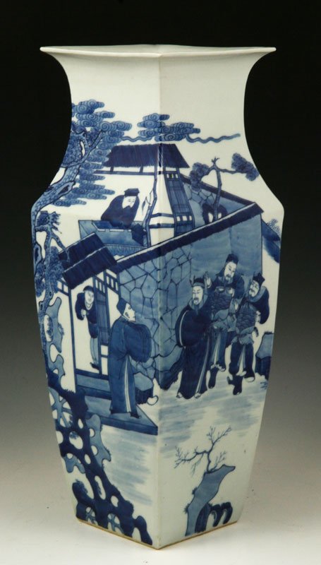 Chinese Blue and White Vase: Blue and white vase, China, square shaped, depicting a narrative scene, 15 1/2".
