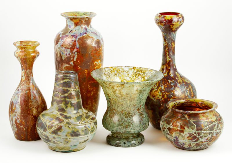 6 Art Glass Vases: Grouping of six similar art glass vases, one with paper label "Patent Kunstglas", 10 1/2"h (tallest). Provenance: Collection of Robert Loy.
