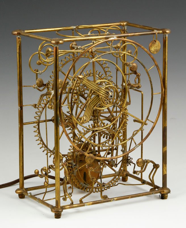 Bradt, Brass Kinetic Clock: Gordon Bradt, six man Kinetic clock, brazed and molten brass, automated figural movement, electrical, signed upper right, 9" x 7" x 4". Provenance: Andover, MA estate.