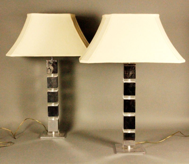Pair Karl Springer Lamps: Pair of Karl Springer lamps, chrome and Lucite, 36 1/2" x 6" x 6". Provenance: From a San Diego, CA collection.
