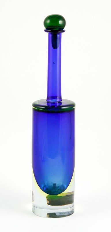 Muranese "Sommerso" Vanity Bottle: Tall Muranese "Sommerso" vanity bottle with original label "Grand Prize Genuine Venetian Glass World Fair Brussels 1958", 14 1/4"h. Provenance: Collection of Robert Loy.