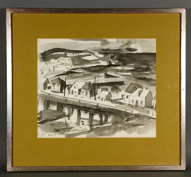 Masson, "Riviere au Rennard", W/C: Henri Masson (Canadian 1907-1996), "Riviere au Rennard", watercolor and ink drawing, signed and titled lower left, matted and framed under glass, 21 1/2"h x 24"w (view), 13"h x 16"w (frame).