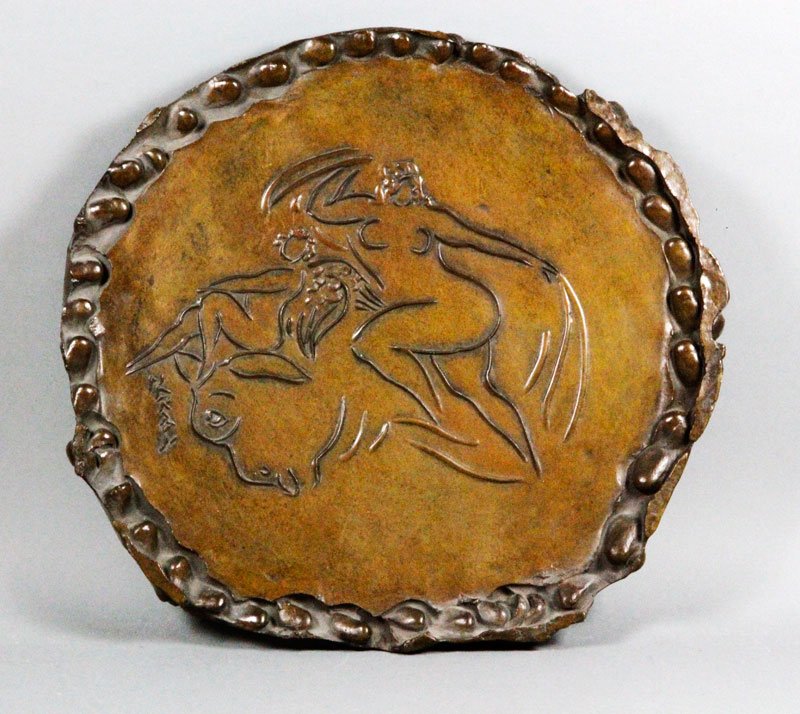 Nakian, “Europa and the Bull,” Bronze Plaque: Reuben Nakian, “Europa and the Bull,” bronze plaque, c. 1970s, signed below illustration,17 3/4” dia. Provenance: From an Andover, MA Collection.