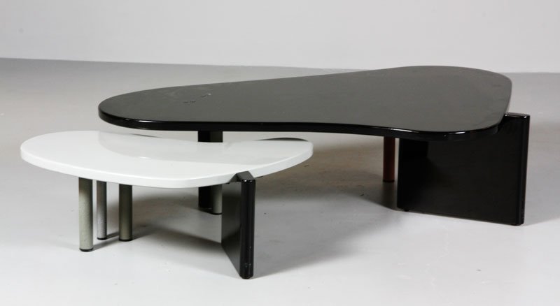 Salvato for Saporiti Italia: Maurizio Salvato for Saporiti Italia, “Wuvole,” Boomerang coffee table, c. 1980s, enameled wood and metal on castors, unmarked, with original advertisement, 14” x 57 1/2” x 41”. Provenance: 