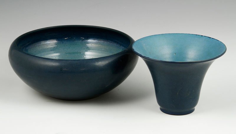 Lot of Marblehead Pottery: Lot of Marblehead pottery, including small vase and bowl, with blue glaze, bowl 7 3/4”, vase 3 3/4”. Provenance: From a Boston, MA collection.