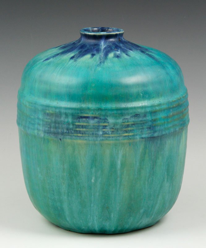 Roseville Imperial II Form: Roseville Imperial II form, ribbed design around middle, 473 written on base, circa 1930s, 8" x 6 1/2". Provenance: From a Newtown Center, MA collection.