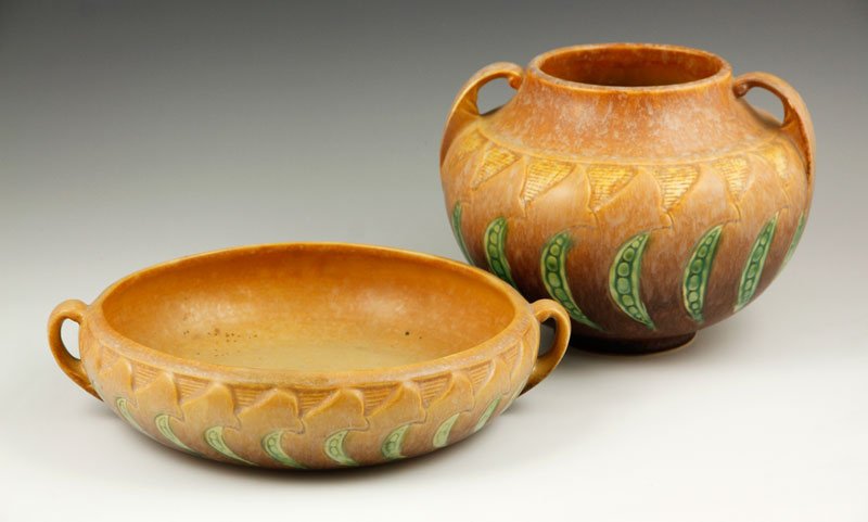 2 Brown Failene Items: Group of two Brown Failene items, including: one two-handled vase (6 1/2" x 8 1/2") and one bowl (2 1/2" x 10 1/2"). Provenance: From a Newtown Center, MA collection.