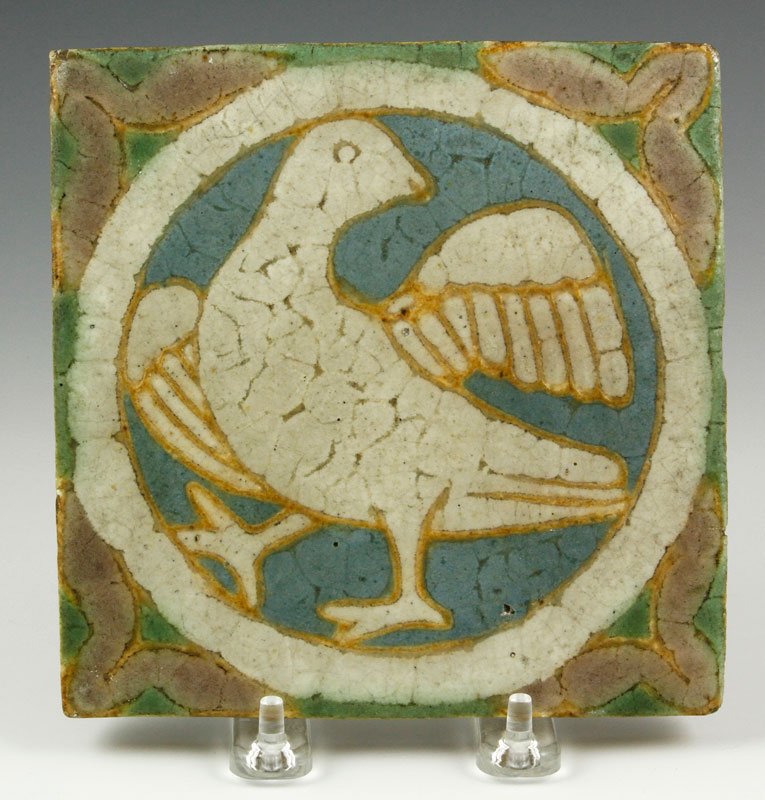 Glazed Tile with Bird: Glazed tile with bird, attributed to Grueby Pottery, matte glaze, #6065 stamped on side, not stamped/signed, circa 1915. Provenance: From the collection of late Yale University professor Bernard Chaet
