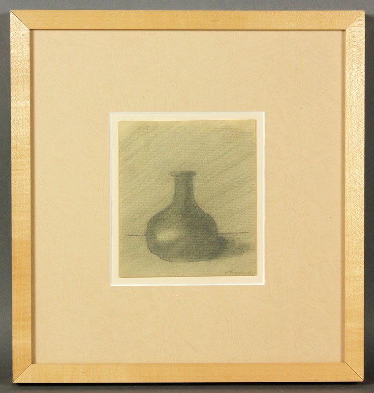 Pencil Drawing of a Bottle: Pencil drawing of a bottle, attributed to Giorgio Morandi (Italian 1890 - 1964), graphite on paper, circa 1960s, 5 1/4" x 4 1/2" (view), 12 1/2" x 11 1/2" (frame). Provenance: From the collection of l