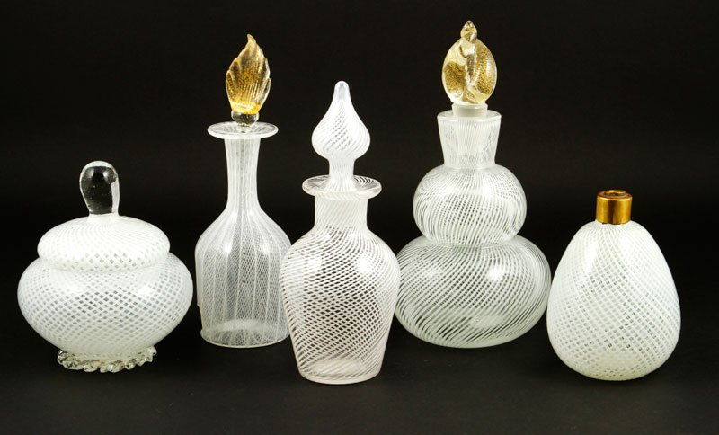 5 Murano Glass Vanity Accessories: Grouping of five Murano glass dresser/vanity accessories with filigrana decoration, one with "Cendese Vetri" label, one is Archimedes Seguso, 8"h (tallest). Provenance: Collection of Robert Loy.