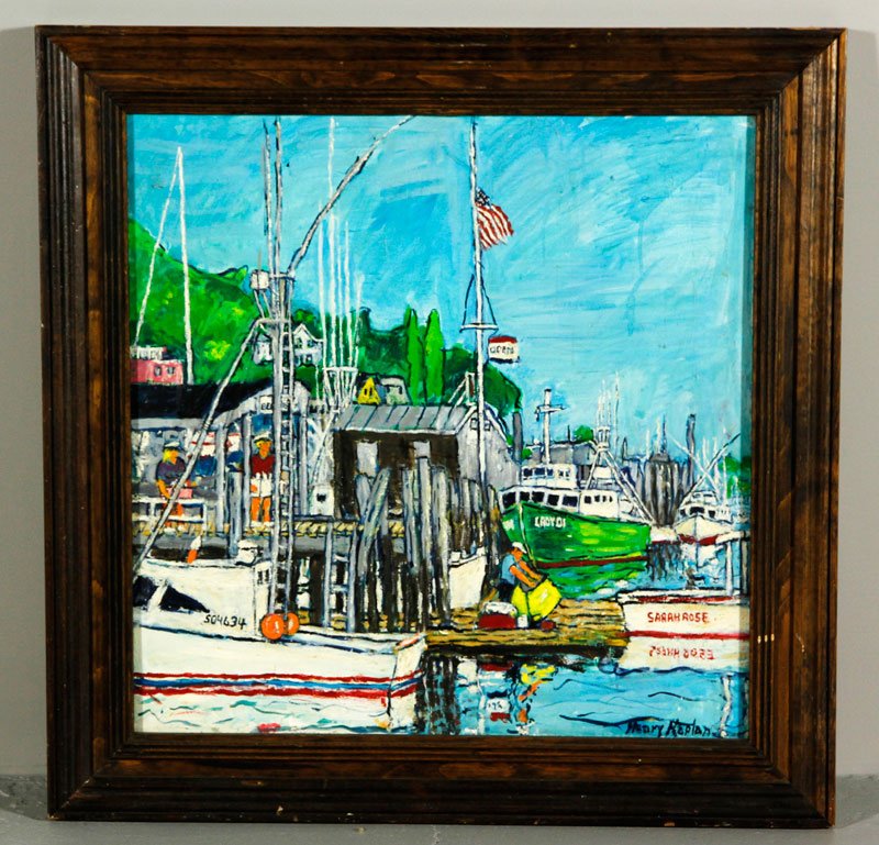 Kaplan, "Brown's Boatyard, Gloucester", O/C: Henry Kaplan (American 1917-2003), "Brown's Boatyard, Gloucester", oil on canvas, signed lower right, 24"sq (view), 30"sq (frame). Provenance: From the estate of the artist.