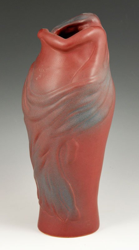 Van Briggle Loreli Vase: Van Briggle Loreli vase, covered in matte mulberry glaze, signed "Van Briggle Colo Spgs" with cipher, circa 1930s, 11" x 3 1/2"dia. Provenance: From a Newtown Center, MA collection.