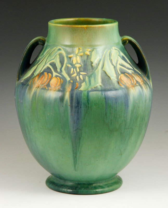 Green Baneda Roseville Vase: Green Baneda Roseville vase, floral decoration below rim, two-handled, no marks, 10" x 8". Provenance: From a Newtown Center, MA collection.