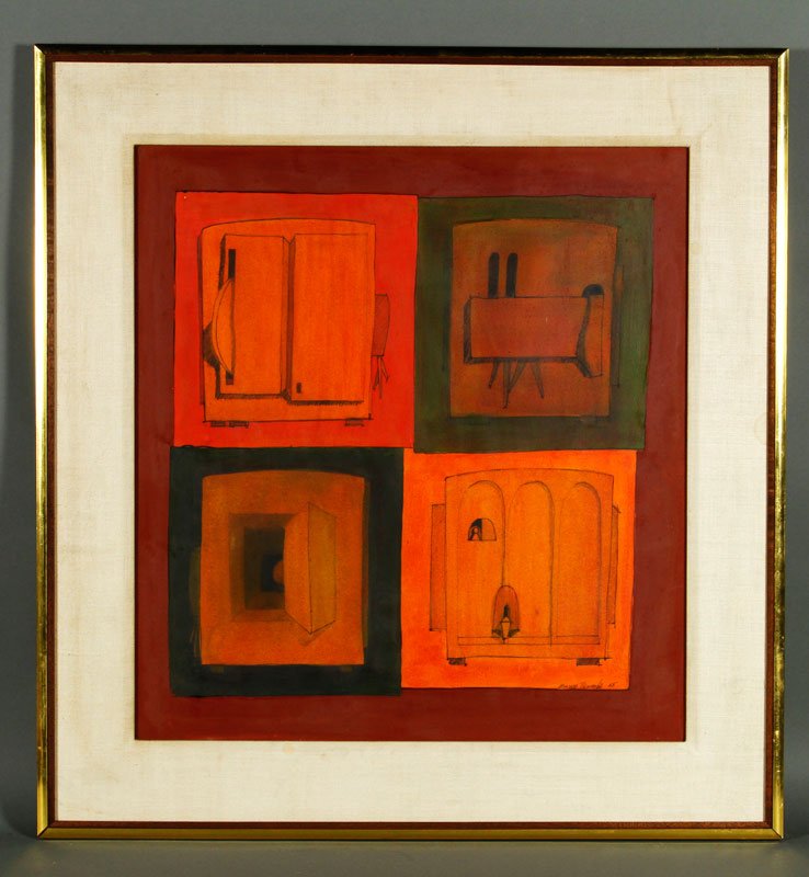 Pinardi, "Project for Sculpture", Gouache: Enrico Pinardi (American b.1934), "Project for Sculpture", gouache mixed media, signed lower right, 28 3/4"h x 19 1/4"w (view), 28"h x 26 1/2"w (frame). Provenance: From the 1963 collection of Sidney 