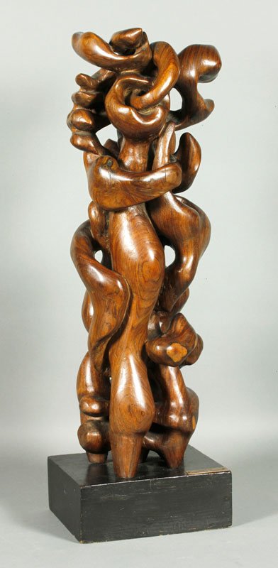 Tardo, “Tropic,” Rosewood: Manuel Rodolpho Tardo, “Tropic,” rosewood sculpture, 1972, original painted wood base, inscribed on underside of base, “obsession Rodolpho Tardo 1972 Rosewood,” 27 1/2” x 8 1/2” x 7 1/2”