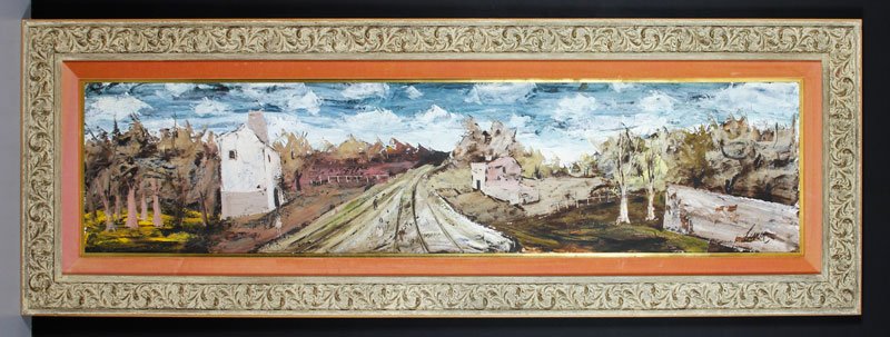 Levier, Untitled Landscape, O/B: Charles Levier (1920-2004), untitled landscape, oil on board, certificate of authentic/copyright affixed verso, 16 1/2" x 71 1/2" (view), 29 1/4" x 83 3/4" (frame). Provenance: From a Woodland Hills,