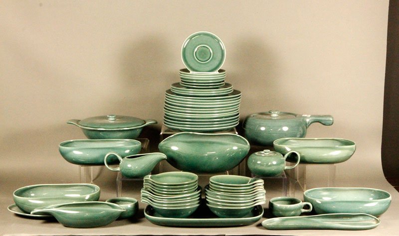 Complete Set of Russell Wright Dinner Service: Complete dinner service by Russell Wright, 10"dia (dinner plate), 5 3/4"dia (saucer), 8 1/8"dia (salad plate), 10 1/4"l (tureen), 3"h (creamer), 3 1/4"h (sugar), 8 1/4"dia (tureen), 12 1/4"w (casserol