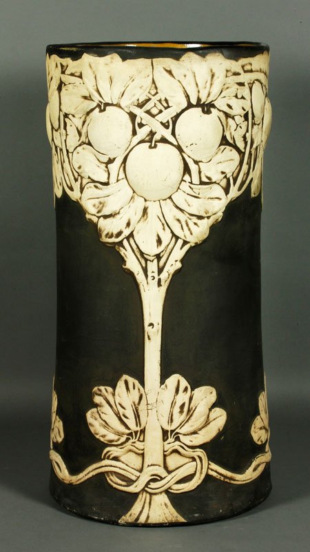 Weller Teakwood Umbrella Stand: Weller Teakwood umbrella stand, matte black glaze, 22" x 10 1/2". Provenance: From a Newtown Center, MA collection.