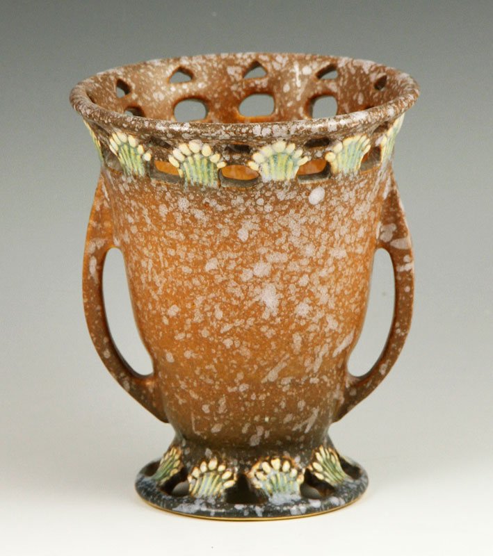 Roseville Brown Farella Vase: Roseville Brown Farella vase, two-handled, diminutive size, impressed designs at rim and foot, includes Roseville label, circa 1920s, 5" x 4 1/4". Provenance: From a Newtown Center, MA collection.