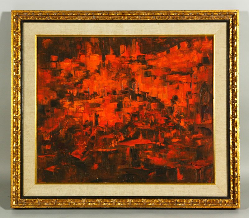 Sherman, "Jerusalem at Sunset", O/C: Ahuva Sherman, "Jerusalem at Sunset", oil on canvas, abstract orange scene, open canvas, in matt and frame, 19 1/2" x 23 1/2" (view), 26" x 30" (frame). Provenance: From an Andover, MA collection.