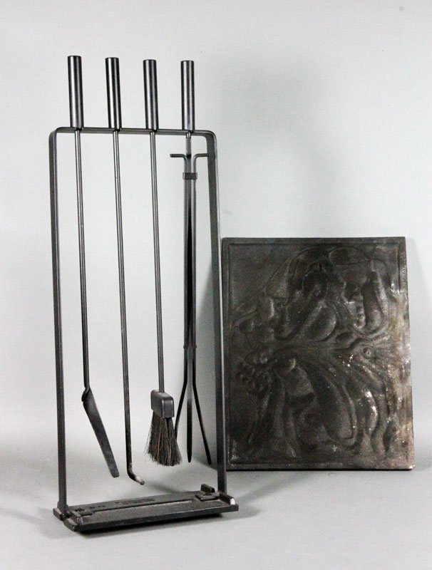 Set of Fire Tools: Set of fire tools, including fire back on stand with shovel, poker, broom, claw, glass and sterling candle holder, unmarked, 27” h (stand), 30” h (tools). Provenance: From a Swampscott, MA estate.