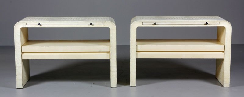 Pair Karl Springer Alligator Ivory Tables: Pair of Karl Springer alligator ivory tables, drawer and pull-out desk top, 27 1/4" x 40" x 17 3/4". Provenance: From a San Diego, CA collection.