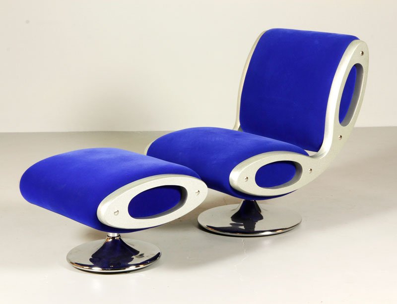 Newson, Gluon Chair and Ottoman: Marc Newson, Gluon chair and ottoman, upholstered blue velour, on swivel bases, 35 1/2"h x 25 1/4"w x 33"d (chair), 17"h x 25 1/2"w x22"d (ottoman).