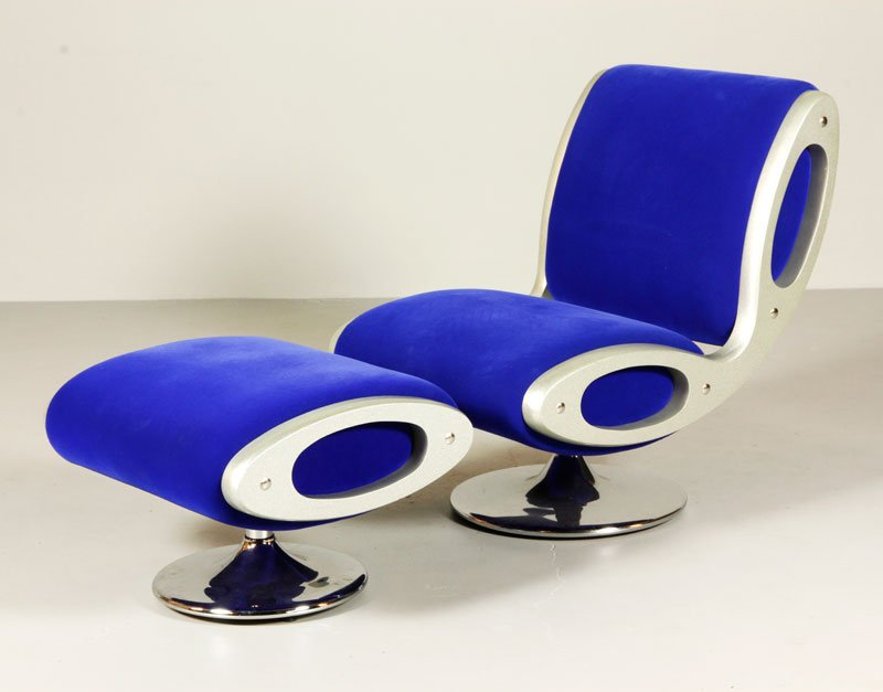 Newson, Gluon Chair and Ottoman: Marc Newson, Gluon chair and ottoman, upholstered blue velour, on swivel bases, 35 1/2"h x 25 1/4"w x 33"d (chair), 17"h x 25 1/2"w x22"d (ottoman).