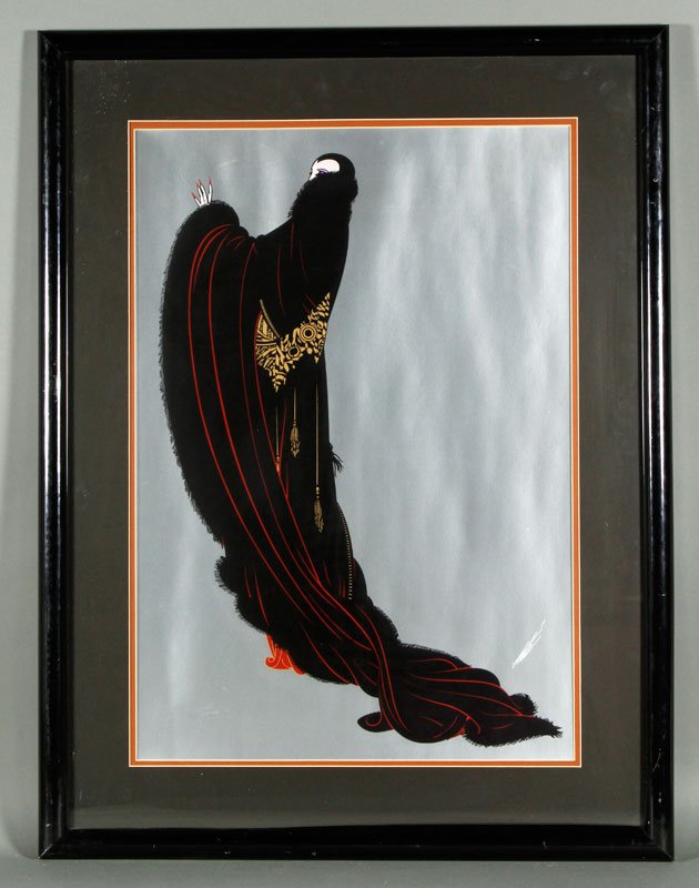 Tirtoff Erte, “Soiree,” Serigraph: Romain de Tirtoff Erte (1892-1990), “Soiree,” serigraph, depicting a woman in a black robe on a silver background, signed in stone lower right “Erte,” 25 1/2” x 17 3/4” (view), 34 1/2” x